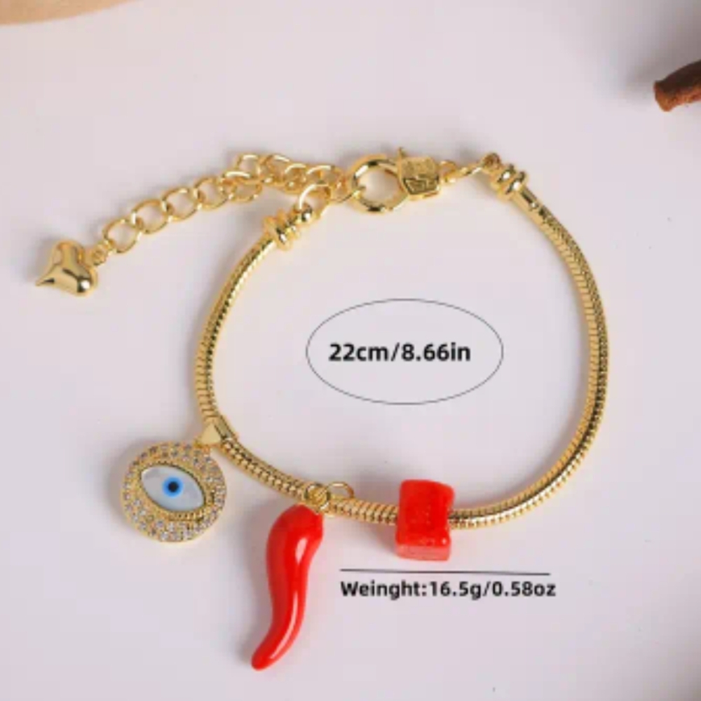 Gold and Red Evil Eye Charm Bracelet